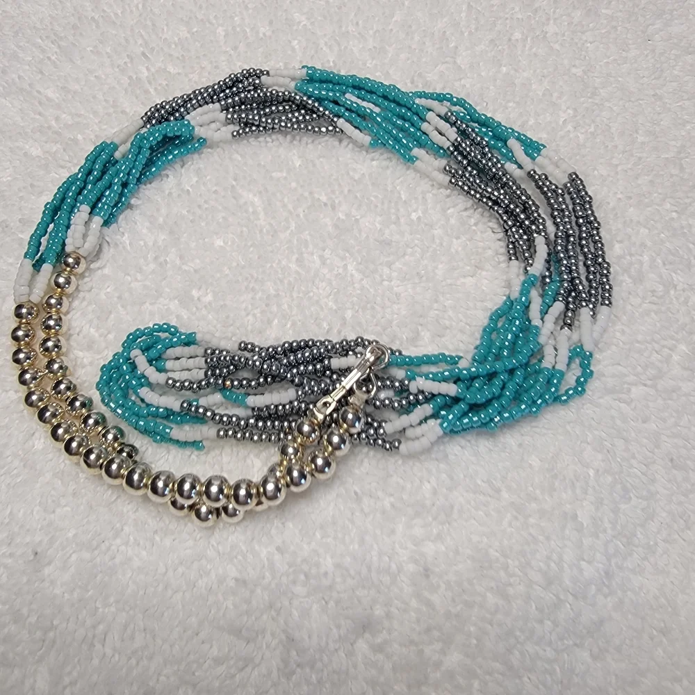 Multi-Strand Necklace Glass Seed Beads in Turquoise, White and Silver